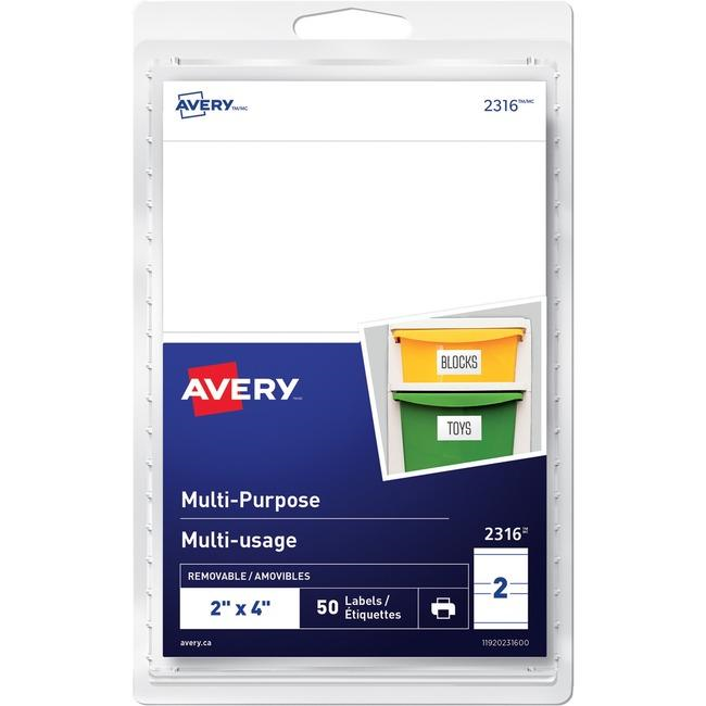 2316 Avery® Multi-Purpose Removable Labels for laser and inkjet printers, 2" x 4"  Removable Matte White Paper / White / Removable