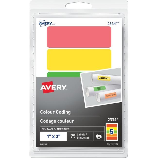 2334 Avery® Removable Rectangular Colour Coding Labels for Laser or Inkjet Printers, 1" x 3"  Assorted Colours / Removable