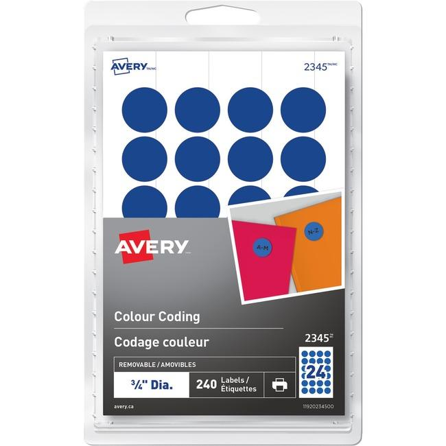 2345 Avery® Removable Colour Coding Labels for Laser and Inkjet Printers, ¾"  Blue / Removable