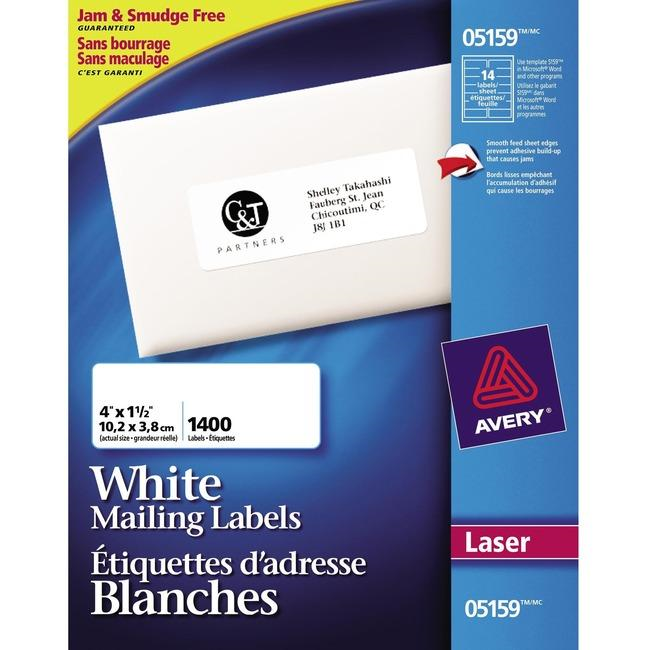 5159 Avery® White Rectangle Labels 1½" x 4", Permanent Adhesive, for Laser and Inkjet Printers,  Matte White Paper / White / Permanent