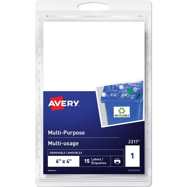 Avery® Multi-Purpose Removable Labels for Laser and Inkjet Printers, 6" x 4"  Removable Matte White Paper / White / Removable